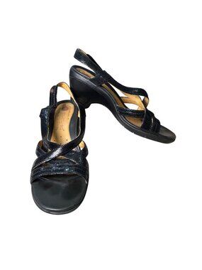 Clarks Unstructured Black Slingback Wedge Sandals Size 9.5 Leather Cushioned